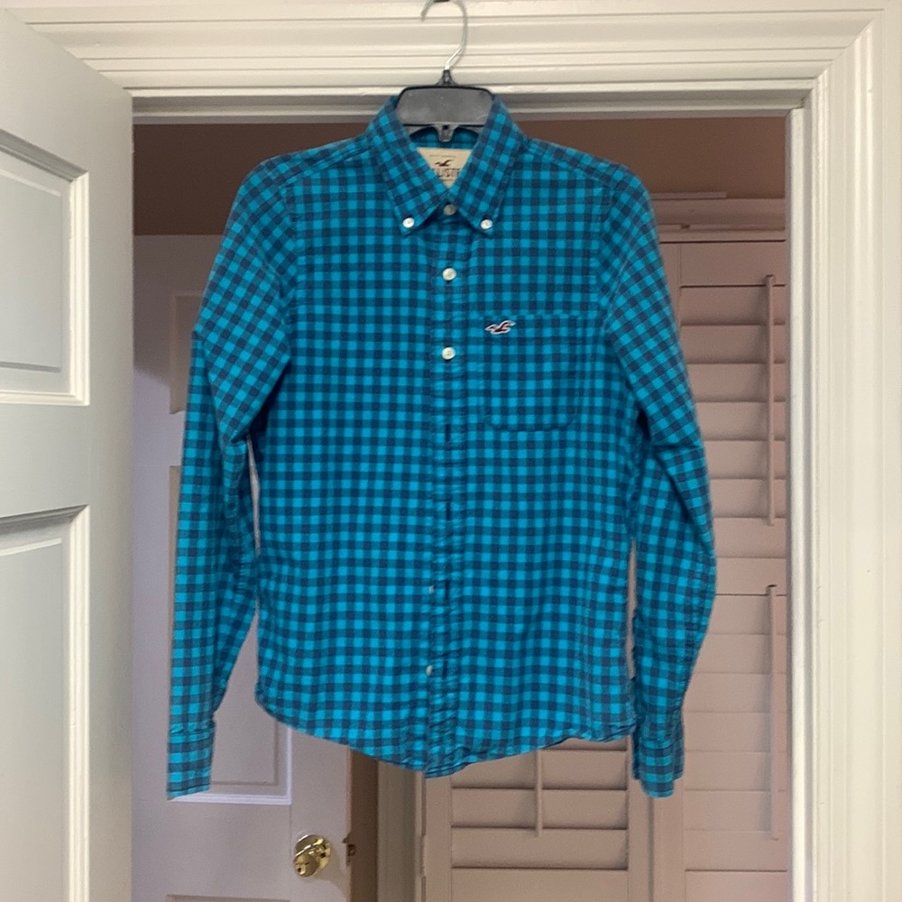 Mens small blue checkered hollister button down